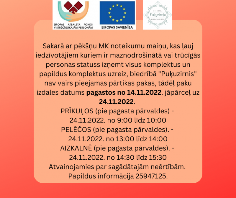 Informācija par Eiropas Savienības paku izdales datuma maiņu pagastos